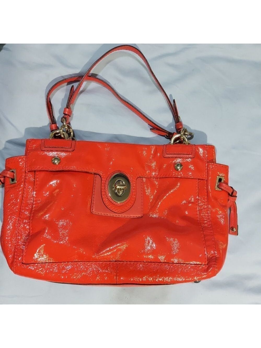 Coach Peyton Patent Leather Turnkey Satchel Carryall Coral handbag purse - Picture 2 of 12